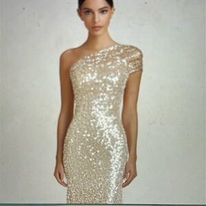 Sparkly Champagne Mermaid One Shoulder Formal Dress With Sequins Size 6